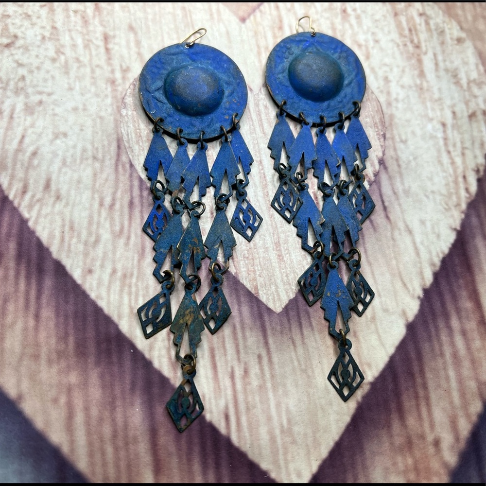 Gorgeous vintage metal 70s 80s gypsy blue earrings